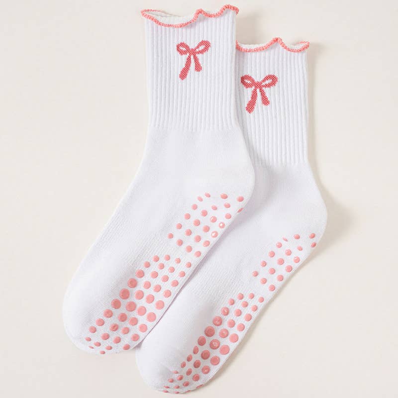 White Ruffled Bow Grip Socks