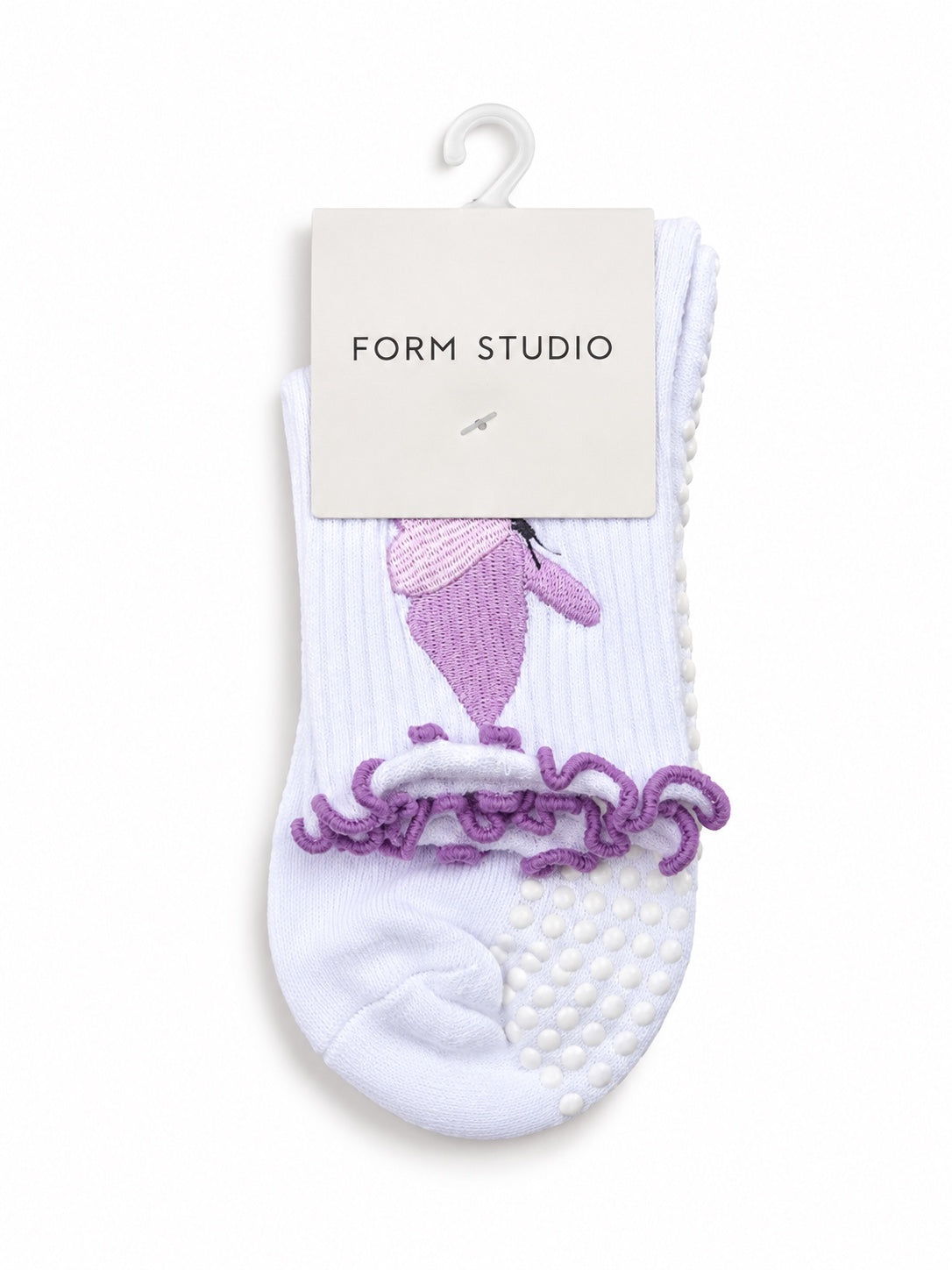 White grip socks with purple ruffle trim and embroidered detail