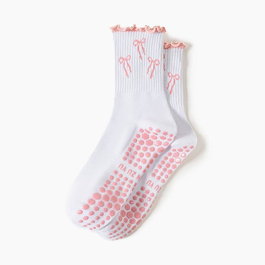 Ruffled bow, cherry and pears grip socks