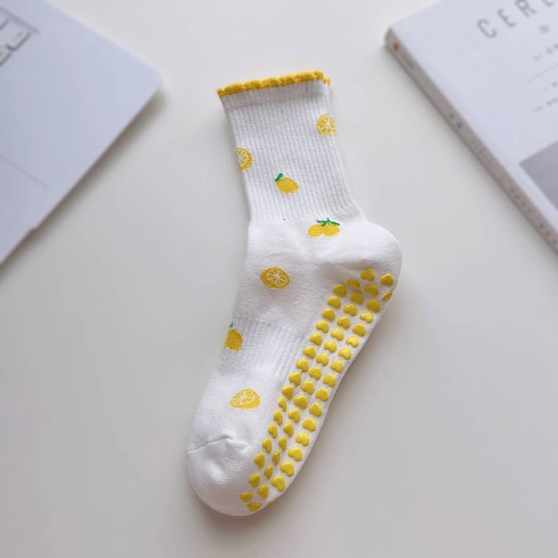 Lemon Lace Cuff Floral Grip Pilates Socks