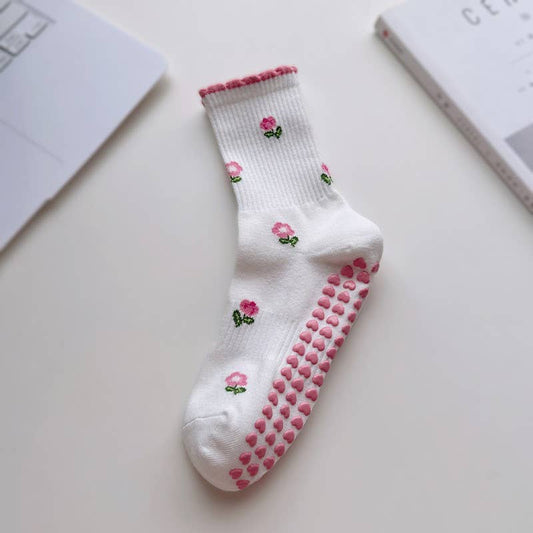 Flower Lace Cuff Floral Grip Pilates Socks