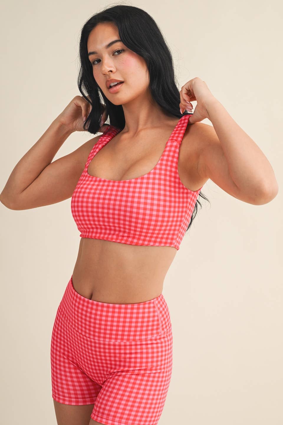 Hot Pink Gingham Ruched Bra Top