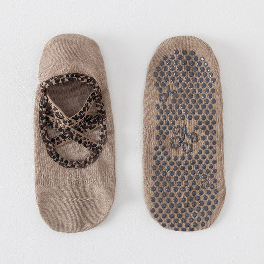Khaki Leopard Crisscross Grip Socks