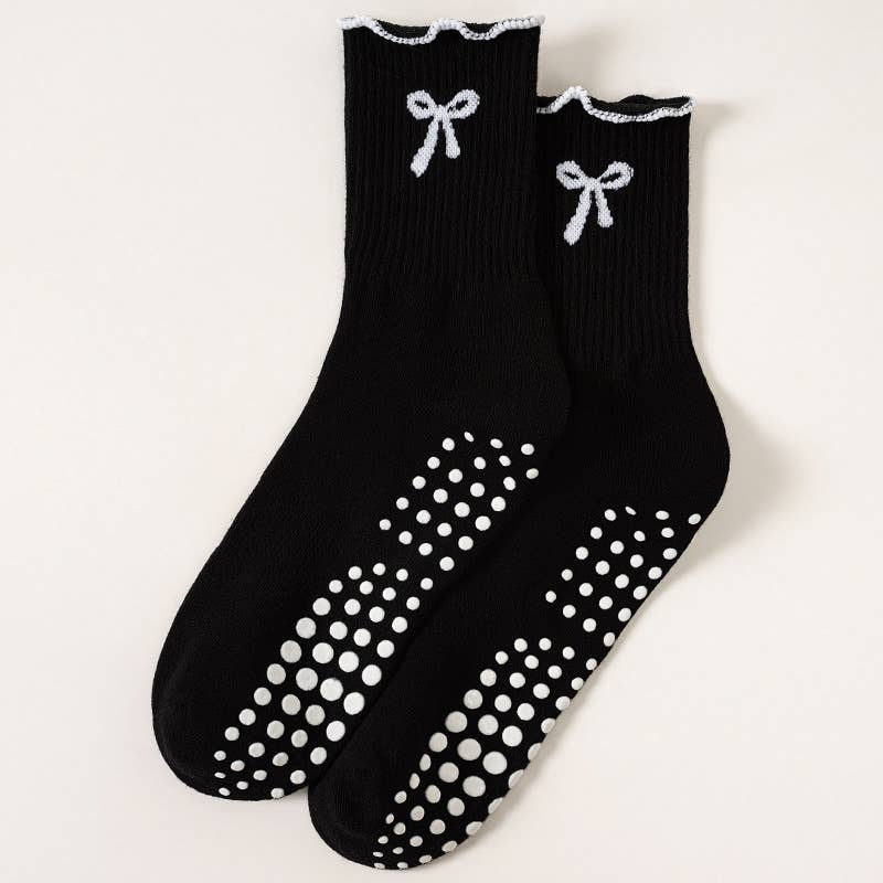 Black Ruffled Bow Grip Socks