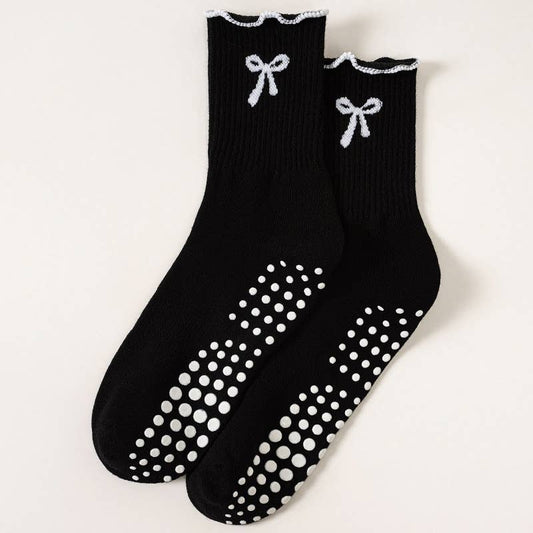 Black Ruffled Bow Grip Socks