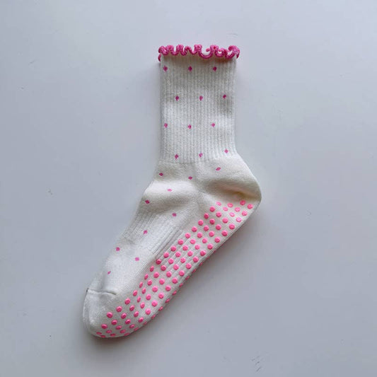 Beige Ruffle Pilates Grip Socks