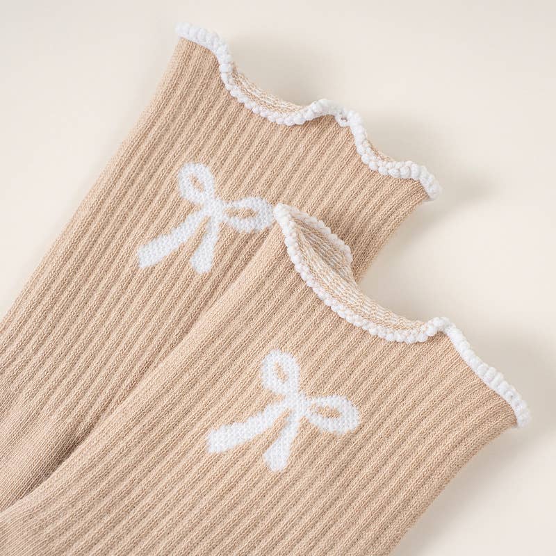 Khaki Ruffled Bow Grip Socks