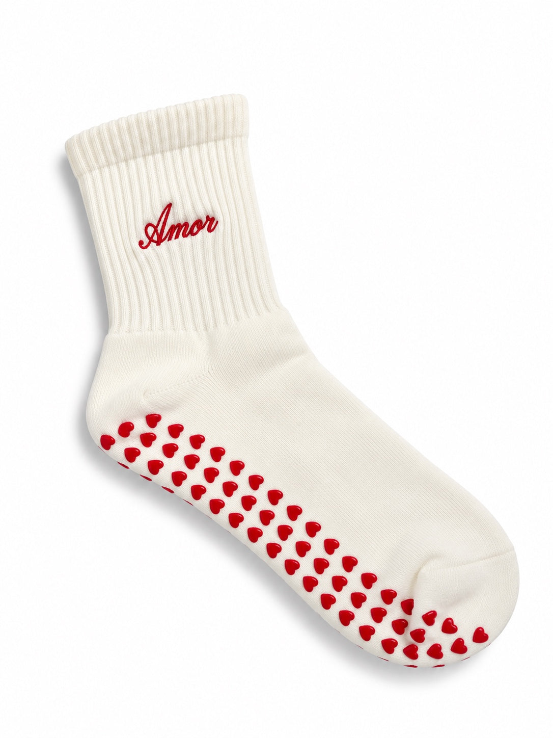 Cream Amor grip socks with red heart grips