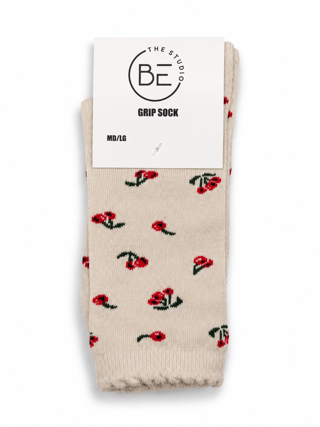 Beige grip socks with small red floral print