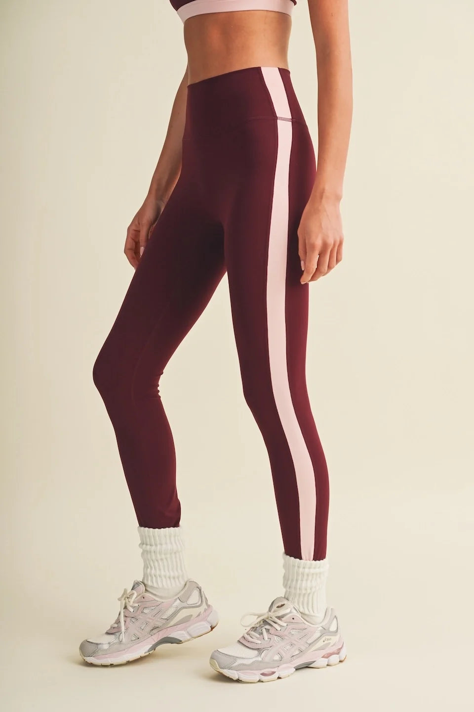 Burgundy contrast leggings with pink stripe