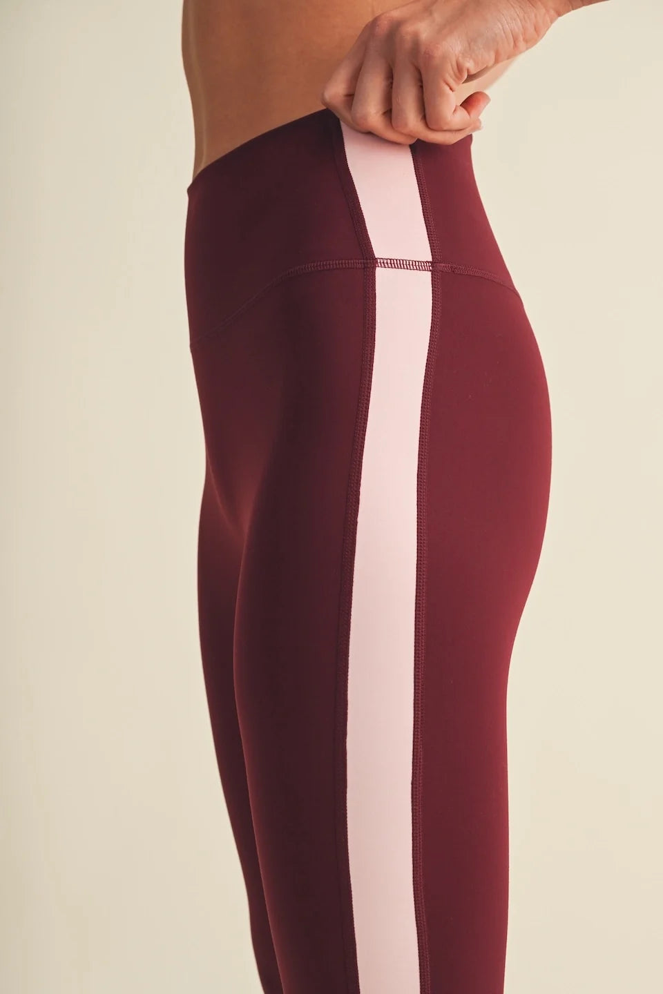 Burgundy contrast leggings with pink stripe