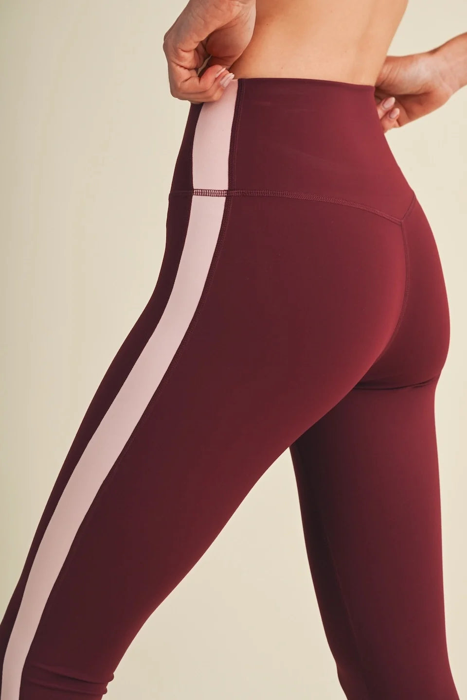 Burgundy contrast leggings with pink stripe