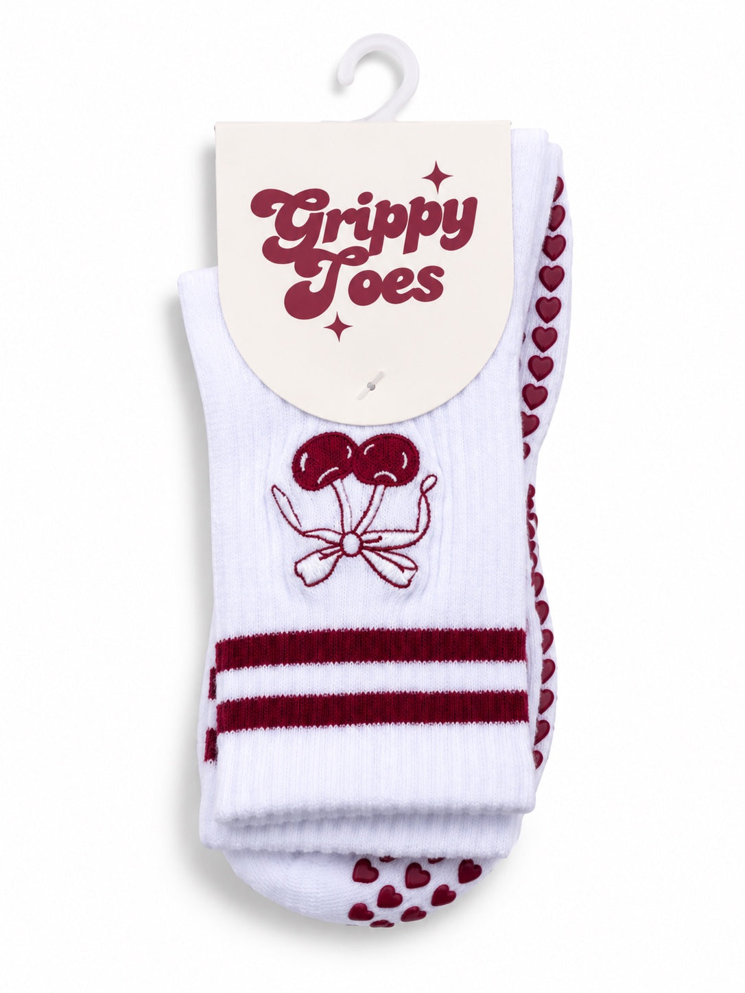 White grip socks with cherry bow embroidery and burgundy stripes