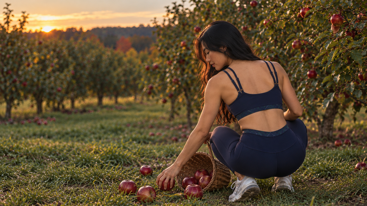 Every June navy activewear in a fall apple orchard