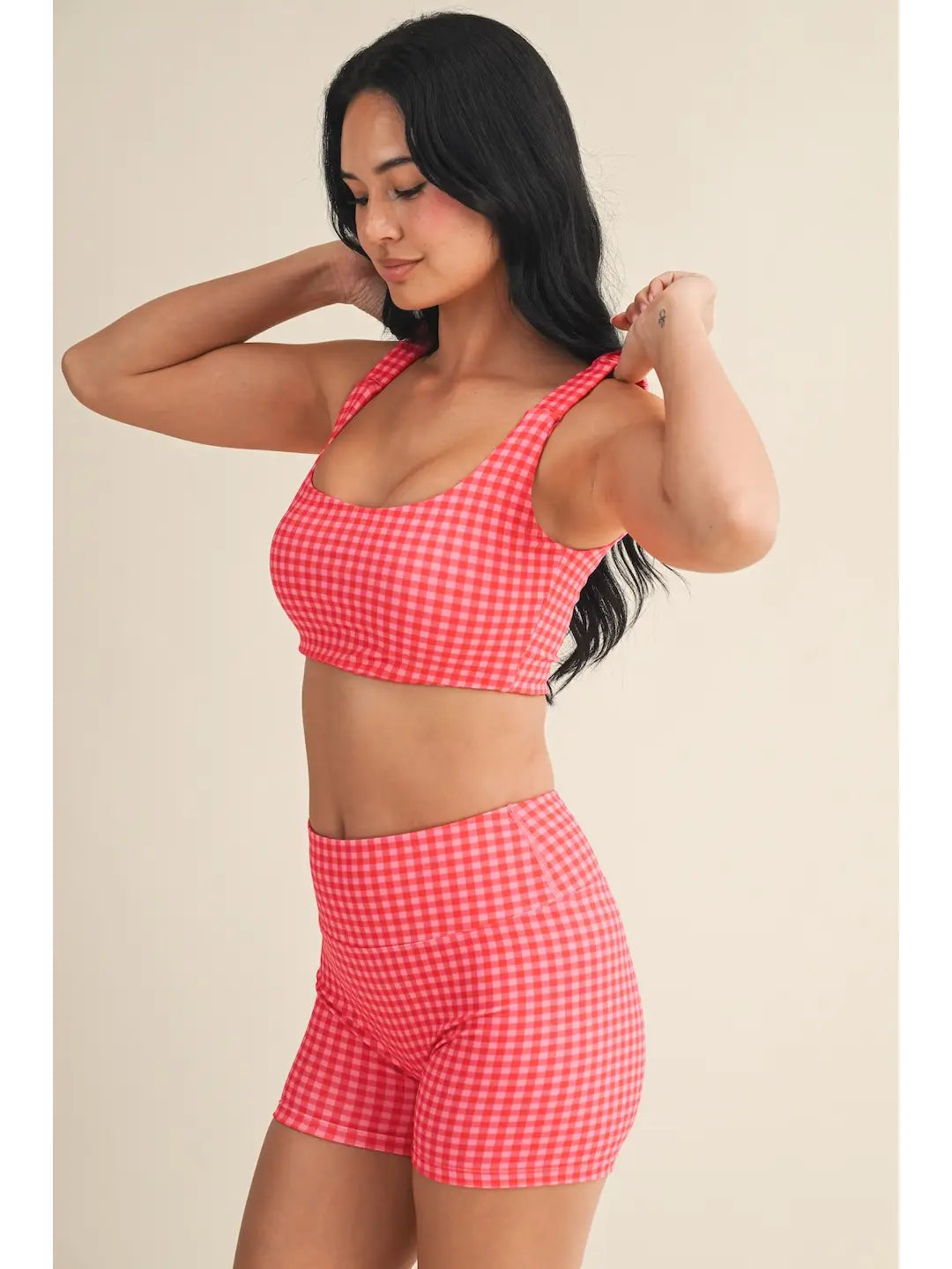 Hot Pink Gingham Ruched Bra Top alternate front view