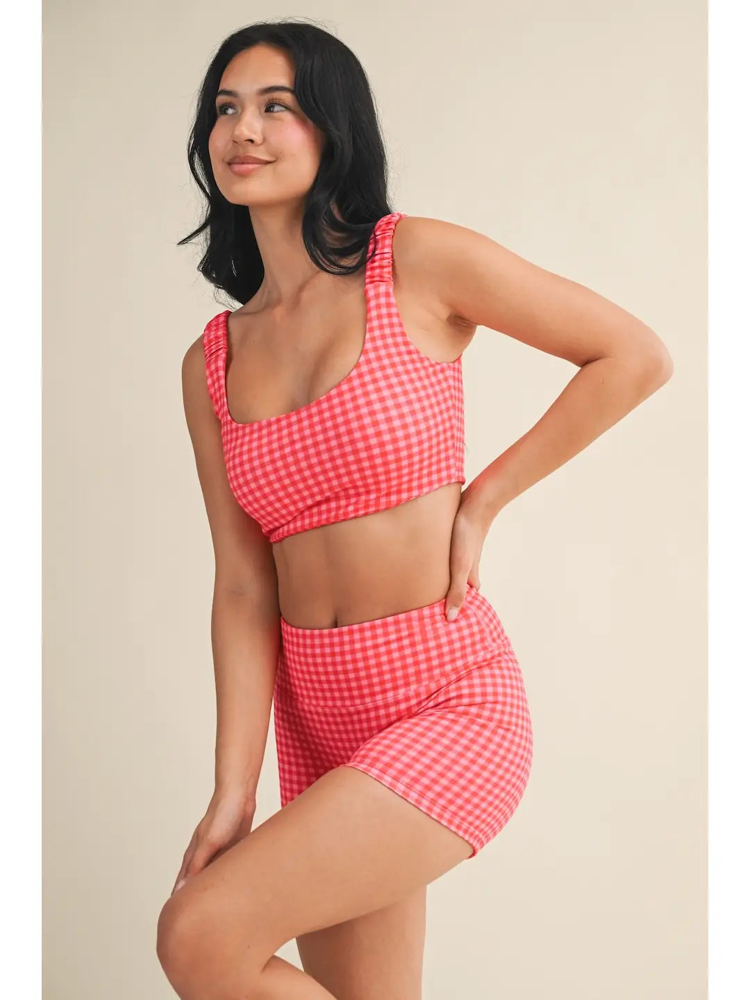 Hot Pink Gingham Ruched Bra Top angle view