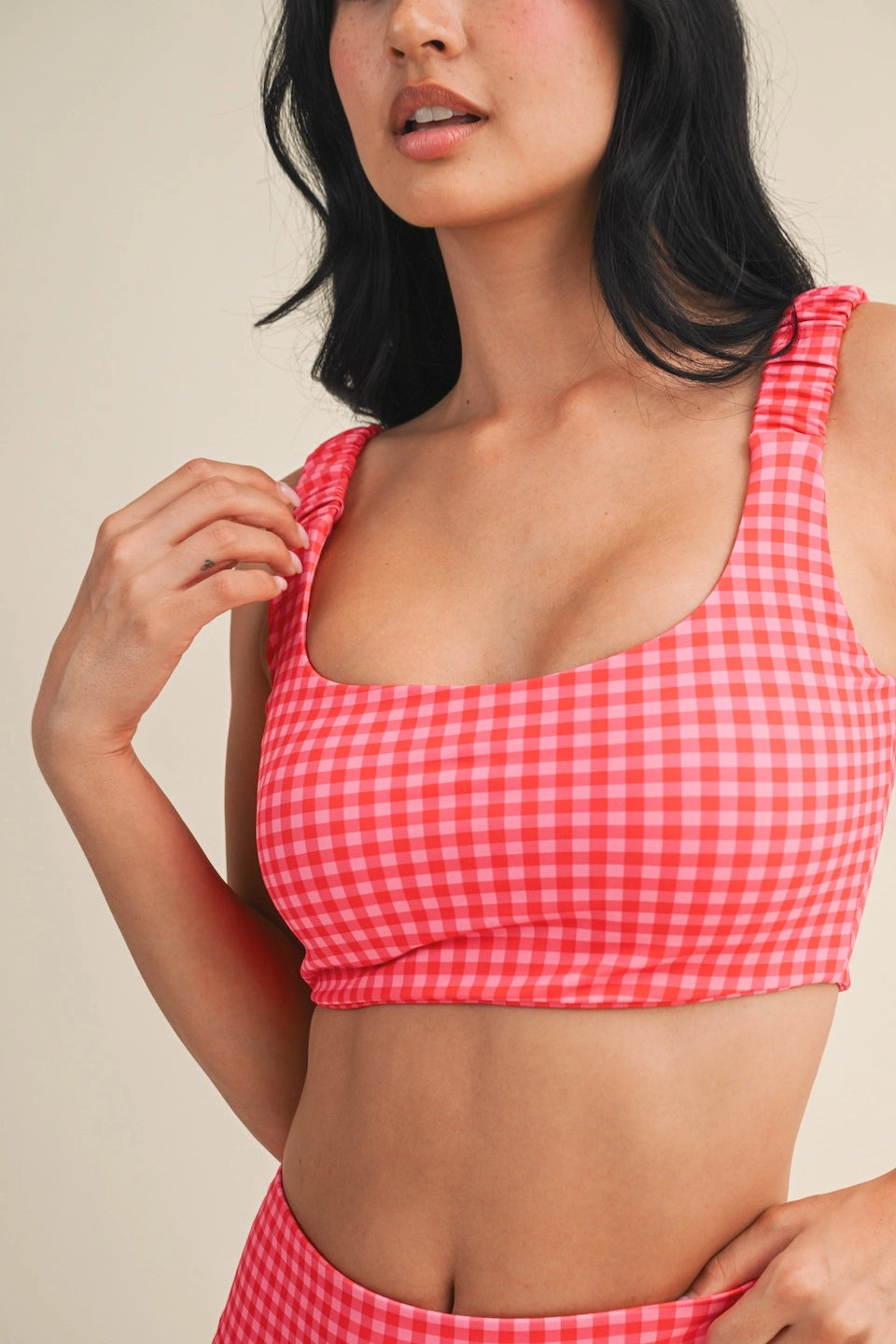 Hot Pink Gingham Ruched Bra Top detail