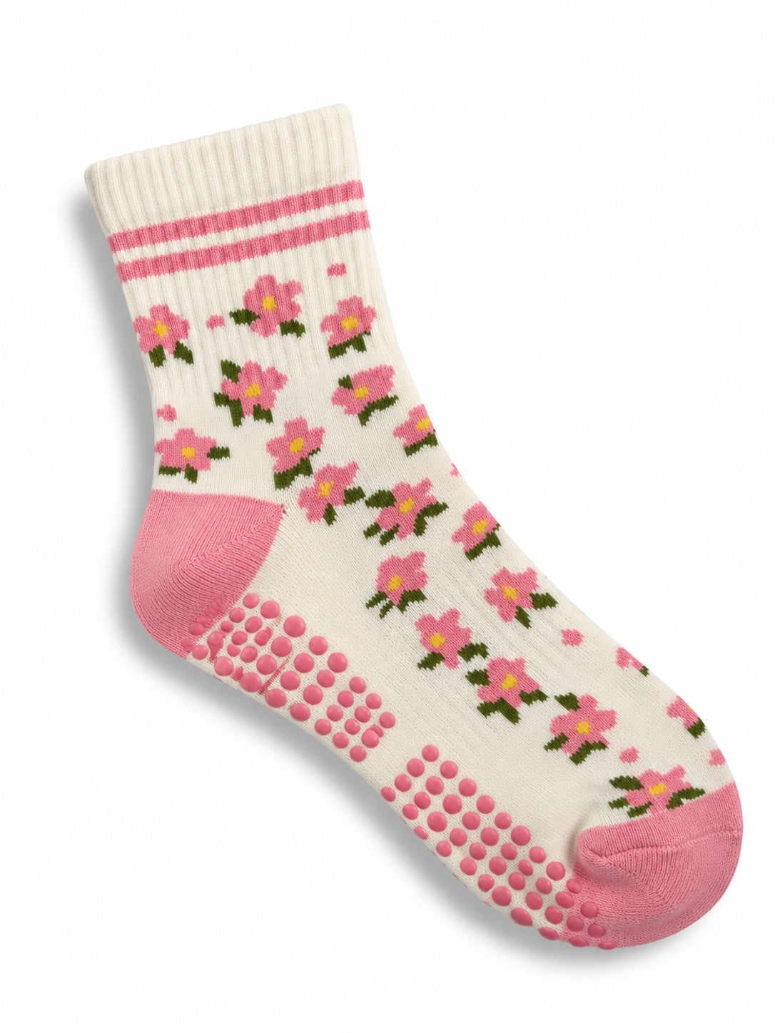 Cream grip socks with pink flowers and pink stripes
