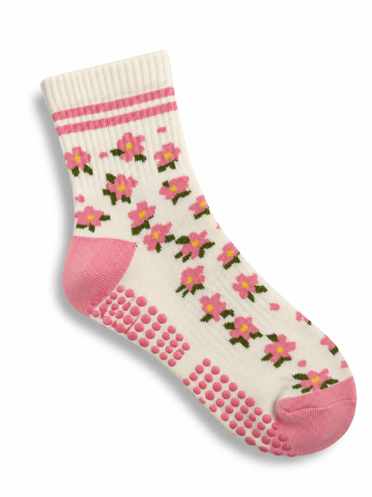 Cream grip socks with pink flowers and pink stripes