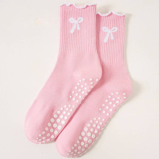 Pink Ruffled Bow Grip Socks