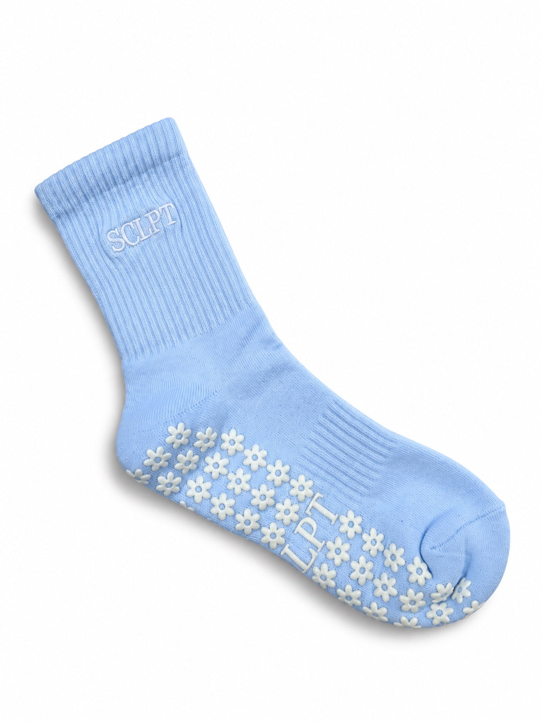 Blue SCULPT grip socks with white floral grips